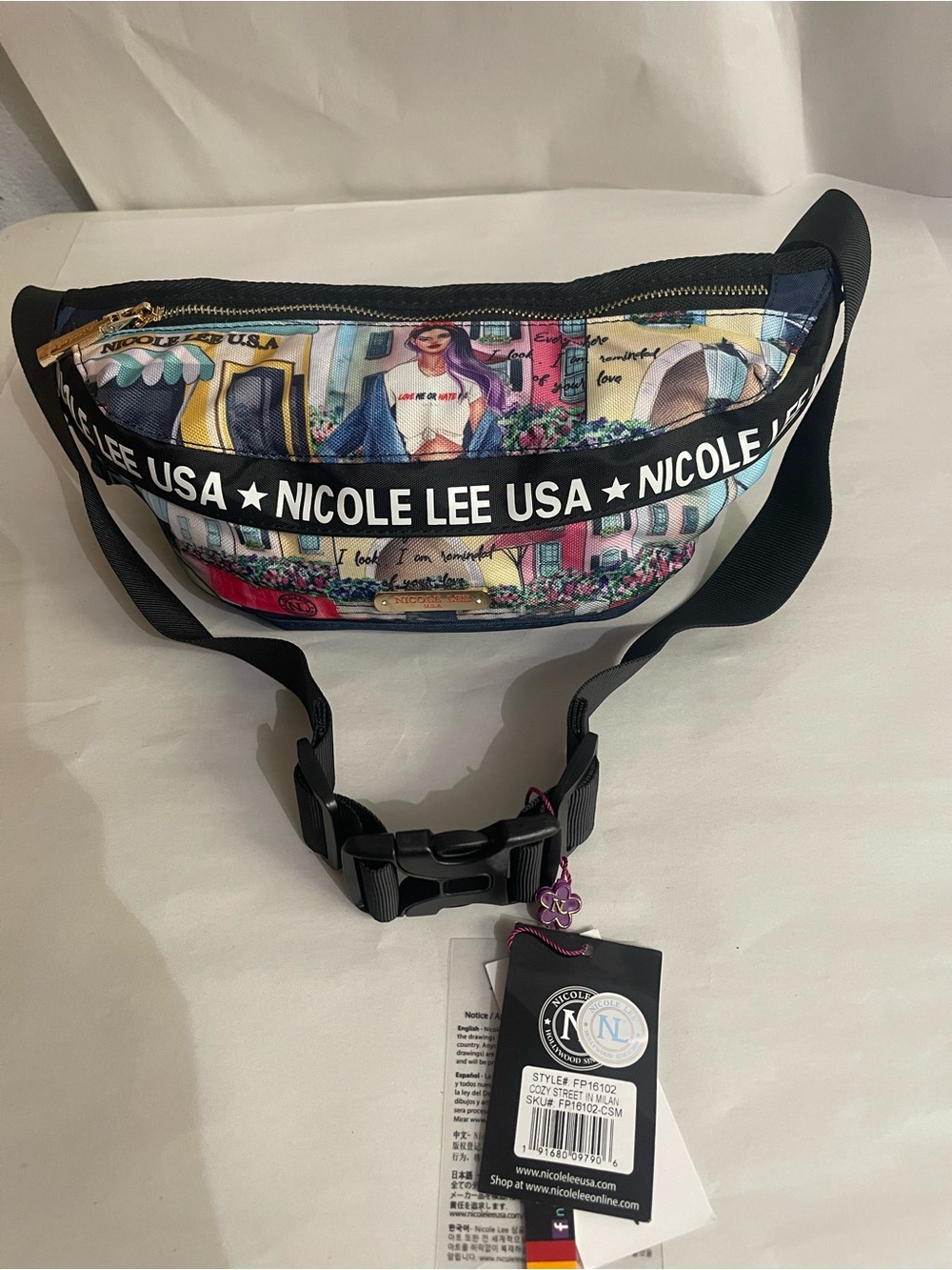 Nicole Lee Multicolor Graphic Crossbody Belt Bag with Black Logo Strap